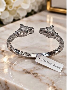 Silver Plated Panther Head Open Cuff Bracelet | Crystal Pave Statement Bangle |